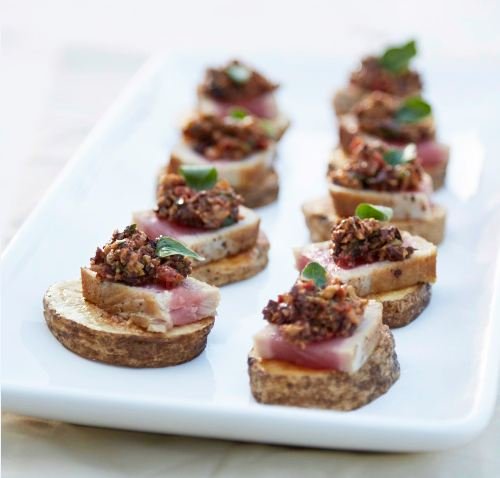 Seared Tuna and Tapenade on Potato Canapés