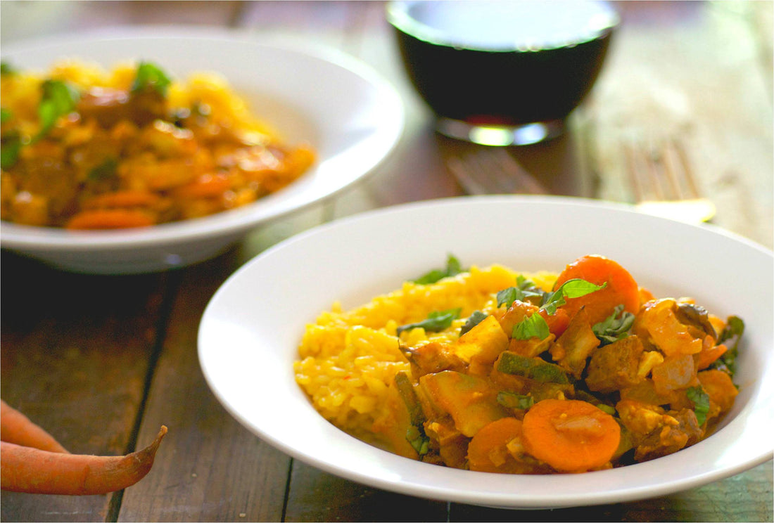 Homemade Tofu Masala Stir-Fry with Saffron Rice