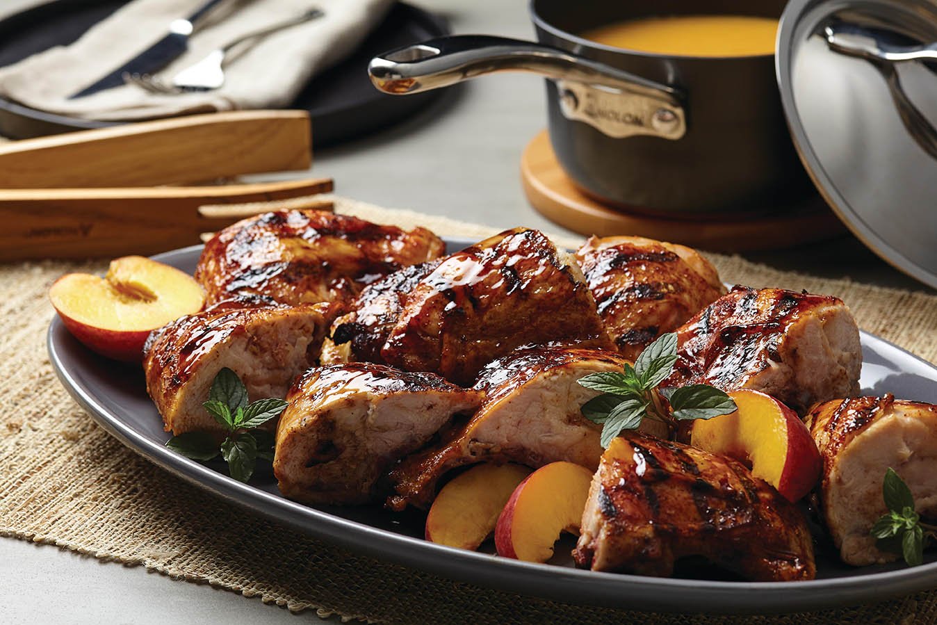 Grilled Chicken Breasts with Peach-Bourbon Barbecue Sauce