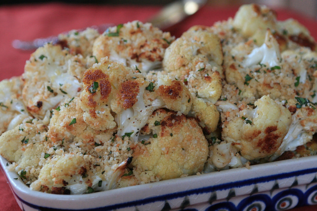 Roasted Cauliflower with Buttery Parmesan Bread Crumb Topping