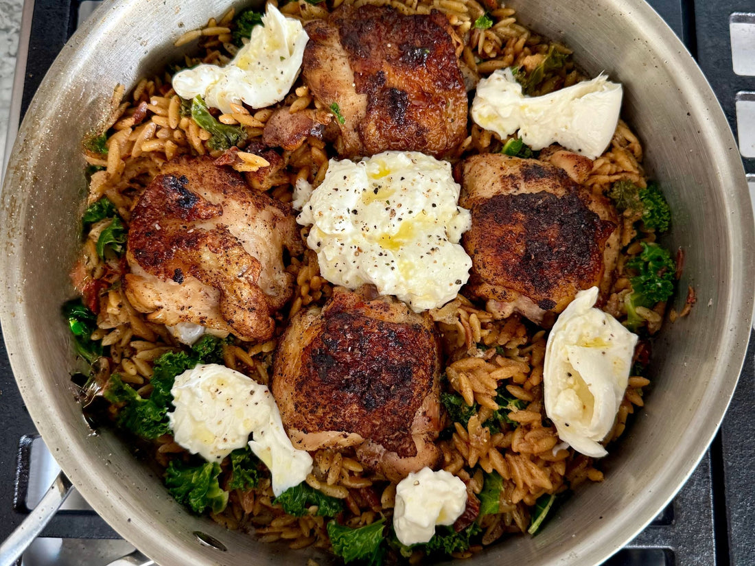 Tuscan Chicken Toasted Orzo Skillet