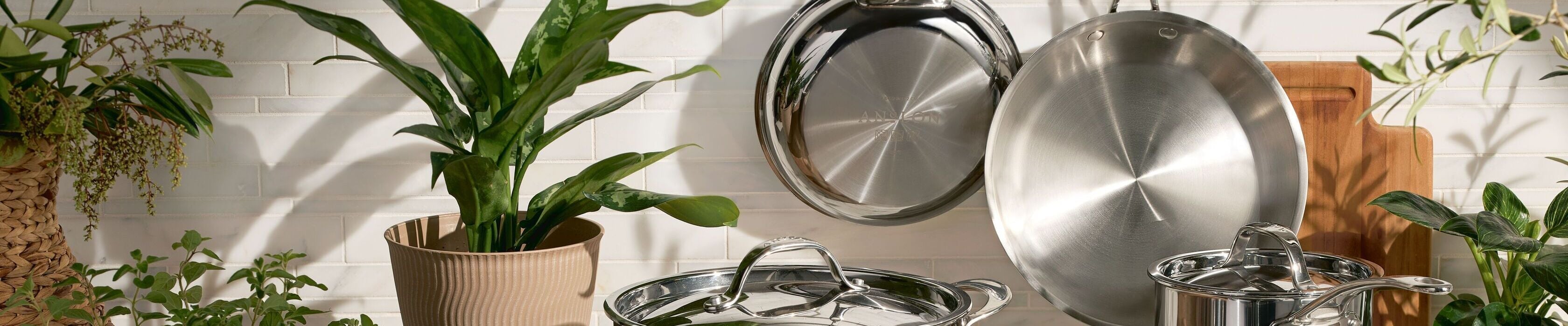 Several shiny stainless steel pots, pans, and lids are displayed on a kitchen counter surrounded by various leafy green potted plants against a white tiled backsplash.