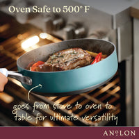 A person holds a teal frying pan with a cooked steak and vegetables, removing it from an open oven. The text on the image reads, Oven Safe to 500° F and goes from stove to oven to table for ultimate versatility. The brand name Anolon is displayed.