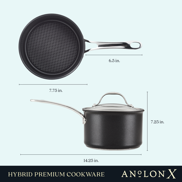 Top and side views of the AnolonX 3-Quart Hybrid Nonstick Saucepan With Lid highlight its SearTech technology. The non-stick interior of the saucepan is safe for use with metal utensils, and its construction focuses on durability. With measurements including a handle width of 6.5 inches, pot length of 14.25 inches, and height of 7.25 inches, it ensures versatile kitchen excellence.