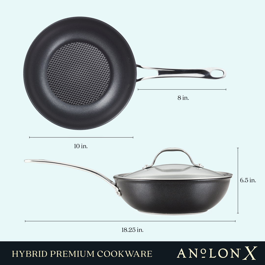 Top and side view of an AnolonX 10-Inch Hybrid Nonstick Wok With Lid, featuring a black color, ultra-durable nonstick finish, stainless steel base, and textured interior. The dimensions are as follows: diameter 10 inches, height 6.5 inches, with a handle length of 8 inches. The total length including the silver handle is 18.25 inches.