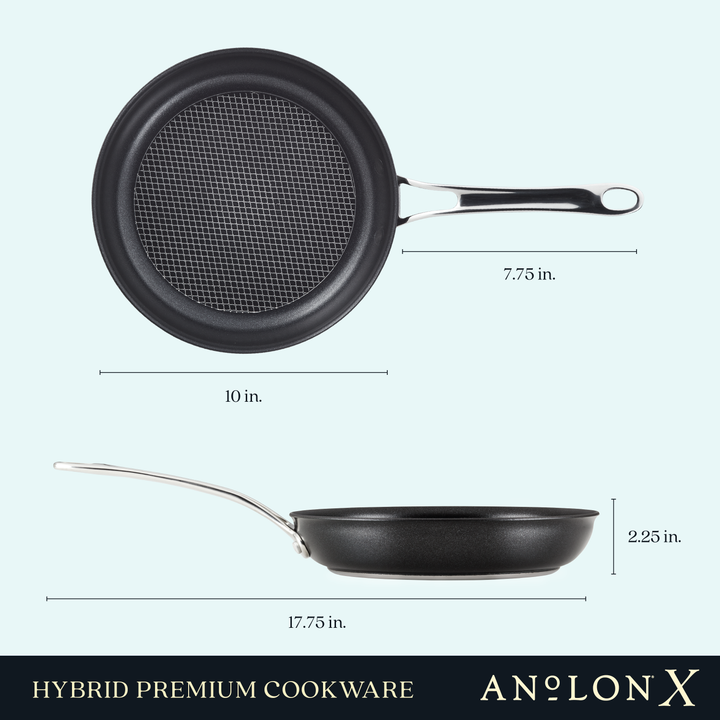 Image displaying a 10-Inch Hybrid Nonstick Frying Pan by AnolonX from top and side perspectives. The top view features a 10-inch diameter with a 7.75-inch handle, ideal for induction cooking. The side view showcases SearTech™ technology and measures a depth of 2.25 inches, with an overall length of 17.75 inches. Text: Premium Cookware, AnolonX Hybrid Series.