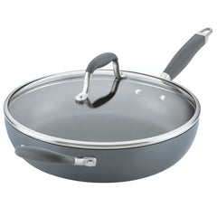 Introducing the Advanced Home 12-Inch Hard Anodized Nonstick Deep Frying Pan with Lid. This gray frying pan features a tempered glass lid and two convenient handles, one on each side, both covered with dark gray heat-resistant material. Its sleek, modern design enhances your kitchen essentials with style.