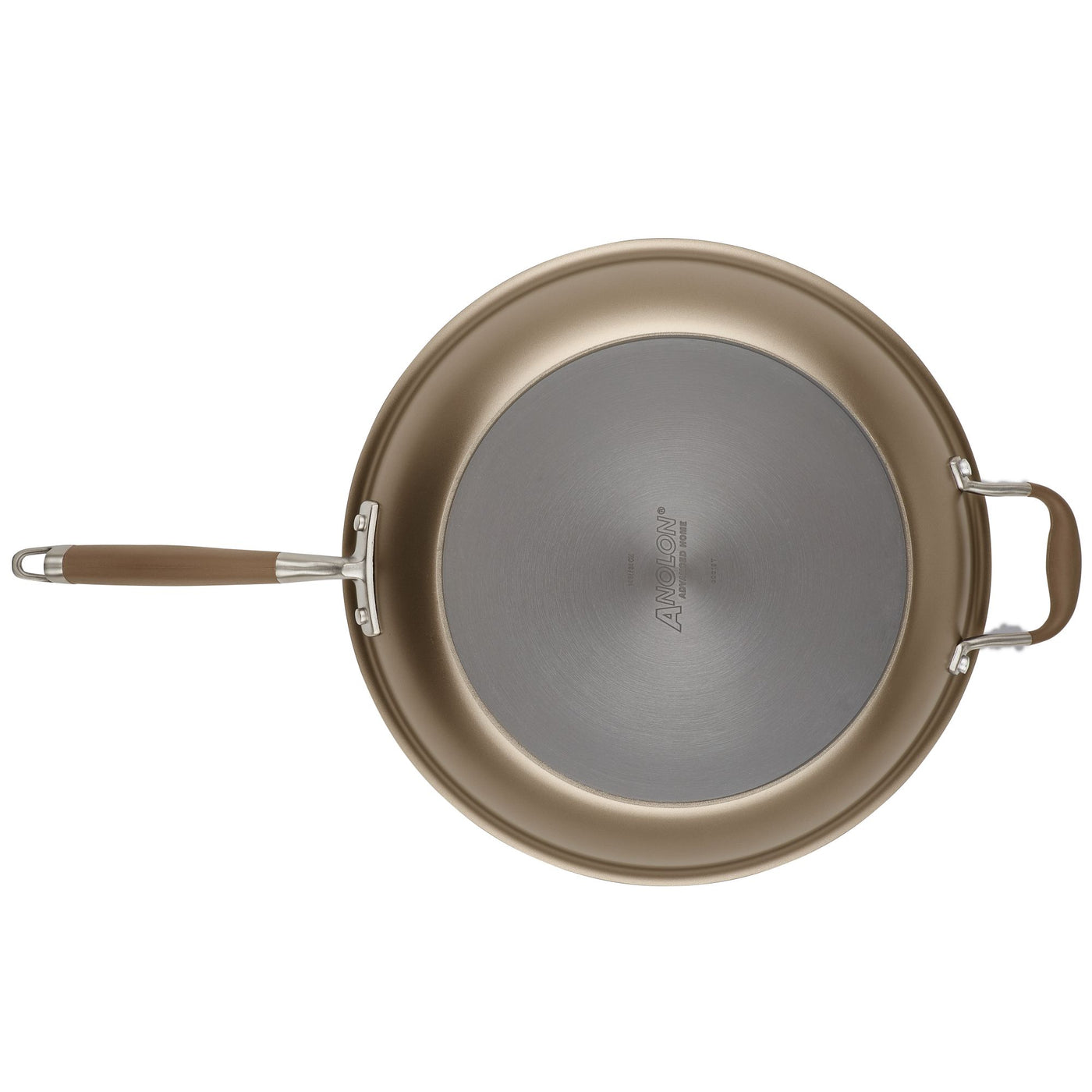 Top view of a bronze and silver non-stick frying pan with a long handle on the left and a smaller loop handle on the right. The pan appears to have a smooth cooking surface and a branded logo in the center.