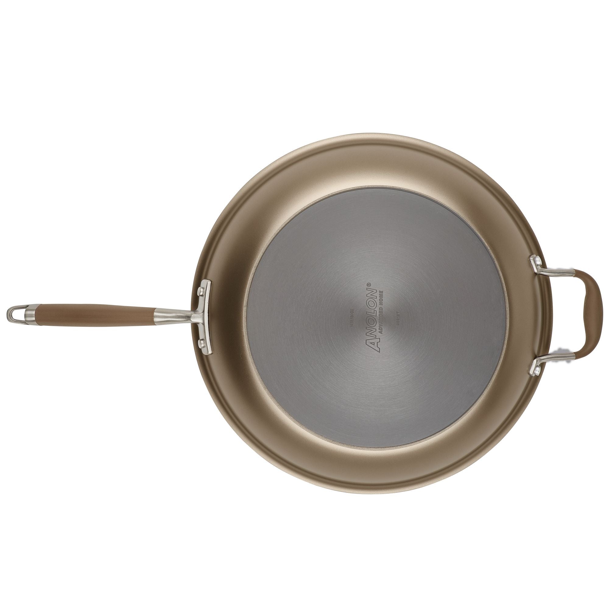 Top view of a bronze and silver non-stick frying pan with a long handle on the left and a smaller loop handle on the right. The pan appears to have a smooth cooking surface and a branded logo in the center.