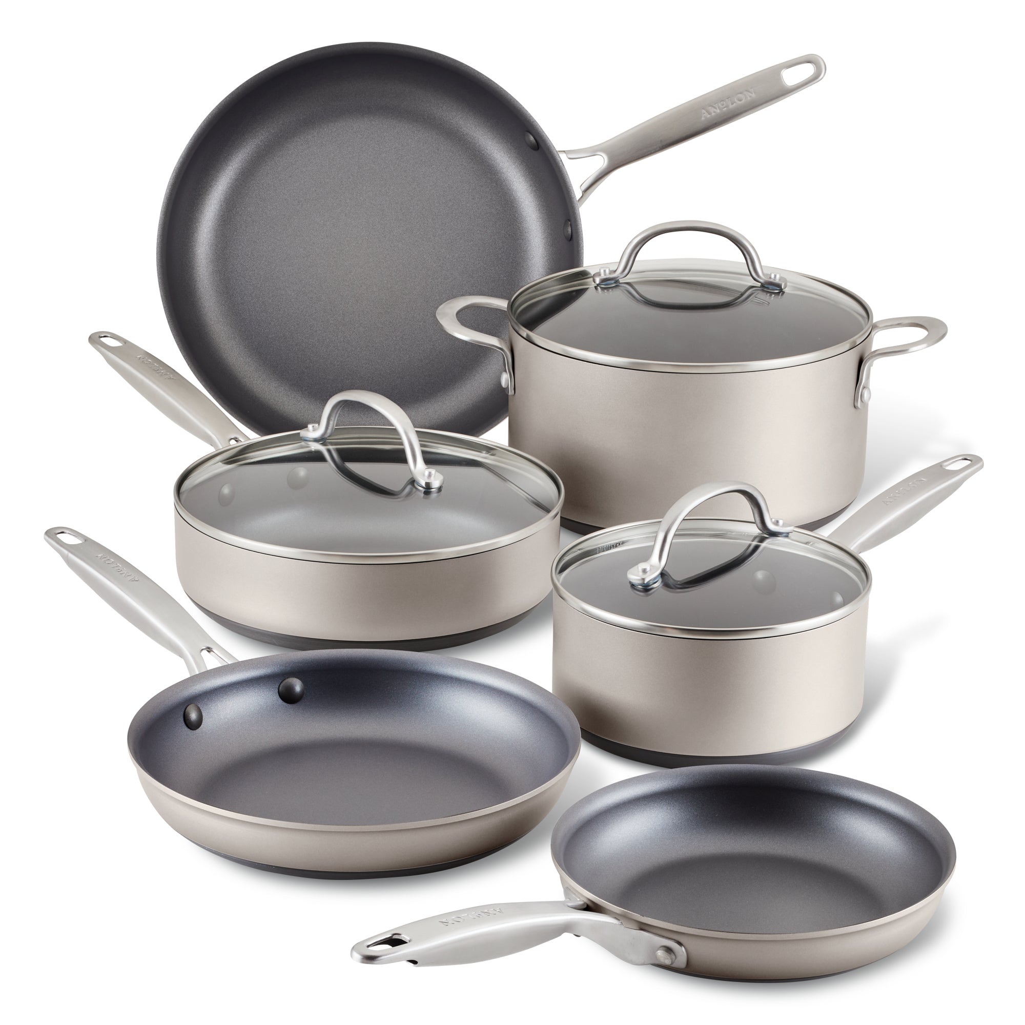 A set of six gray non-stick cookware pieces, including three frying pans, two saucepans with lids, and a stockpot with a lid, all featuring metal handles.