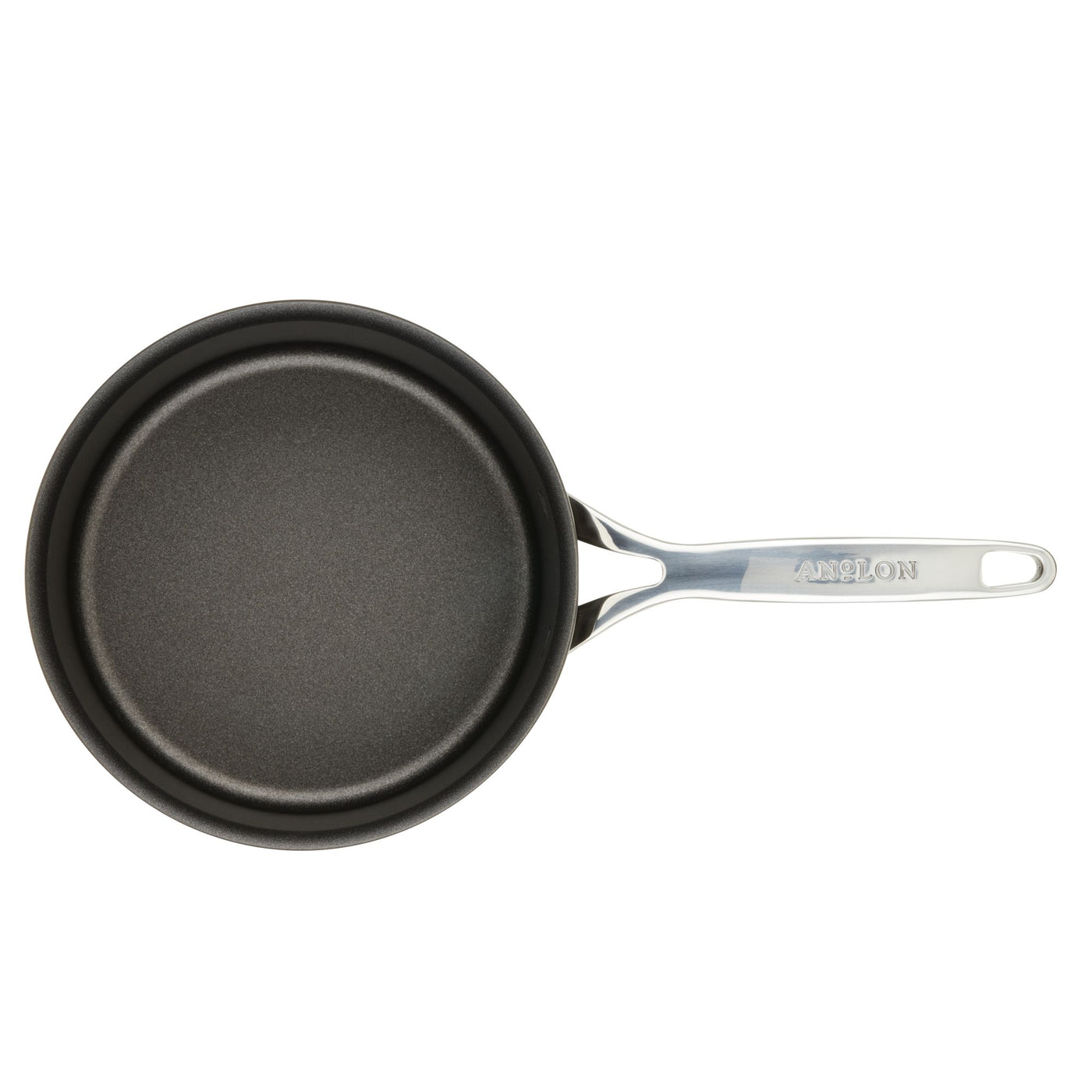 Overhead view of a non-stick frying pan with a shiny metal handle, set against a white background. The pan is empty and has a smooth, dark gray surface.