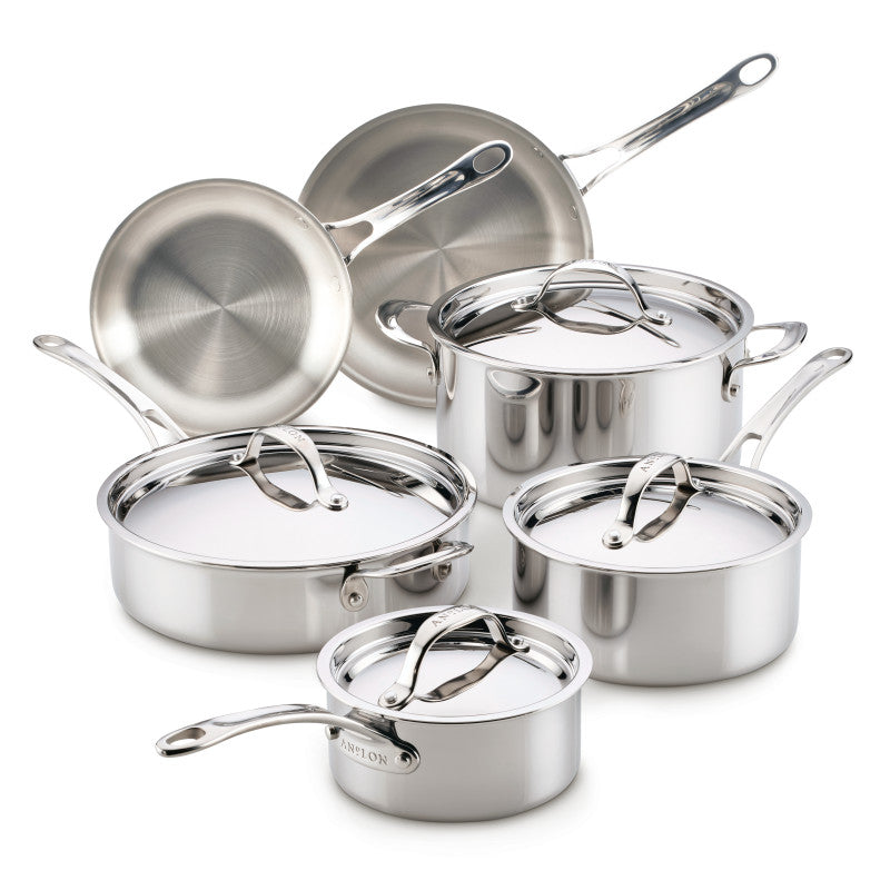The EverLast Tri-Ply Clad Stainless Steel 10-Piece Cookware Set—two frying pans and four pots with lids and handles—is arranged neatly on a white background.