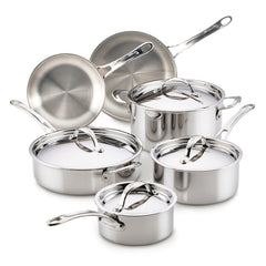 The EverLast Tri-Ply Clad Stainless Steel 10-Piece Cookware Set features two frying pans, three saucepans with lids, and a large pot with a lid—all with sturdy handles and polished surfaces.