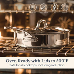 The EverLast Tri-Ply Clad Stainless Steel 10-Piece Cookware Set is safe for induction, glass-ceramic, gas, and electric cooktops. Oven ready with lids up to 500°F—versatile for all cooktops, including induction.