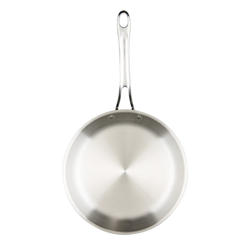 A top-down view looking into the interior of an Anolon EverLast Tri-Ply Clad stainless steel frying pan, highlighting its smooth, polished cooking surface and long, sturdy handle against a white background.