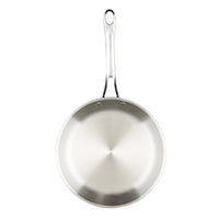 A top-down view looking into the interior of an Anolon EverLast Tri-Ply Clad stainless steel frying pan, highlighting its smooth, polished cooking surface and long, sturdy handle against a white background.