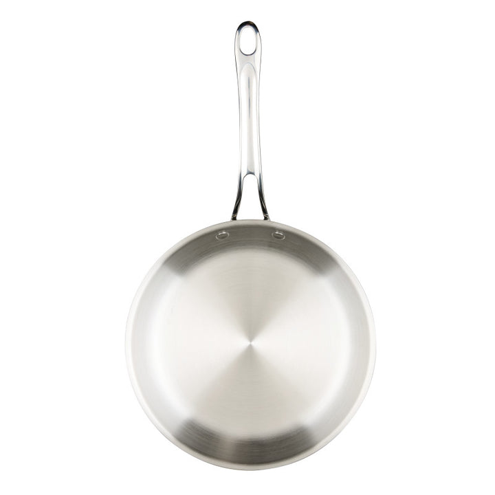An EverLast Tri-Ply Clad Stainless Steel 10-Piece Cookware Set frying pan with a polished surface and long handle, seen from above on a plain white background.