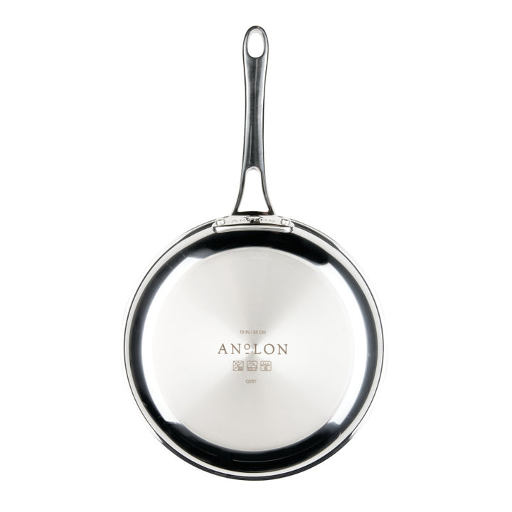 A 10-Piece Cookware Set with a long-handled stainless steel frying pan, shown from above. The center of the pan base features the EverLast Tri-Ply Clad Stainless Steel brand and product details.
