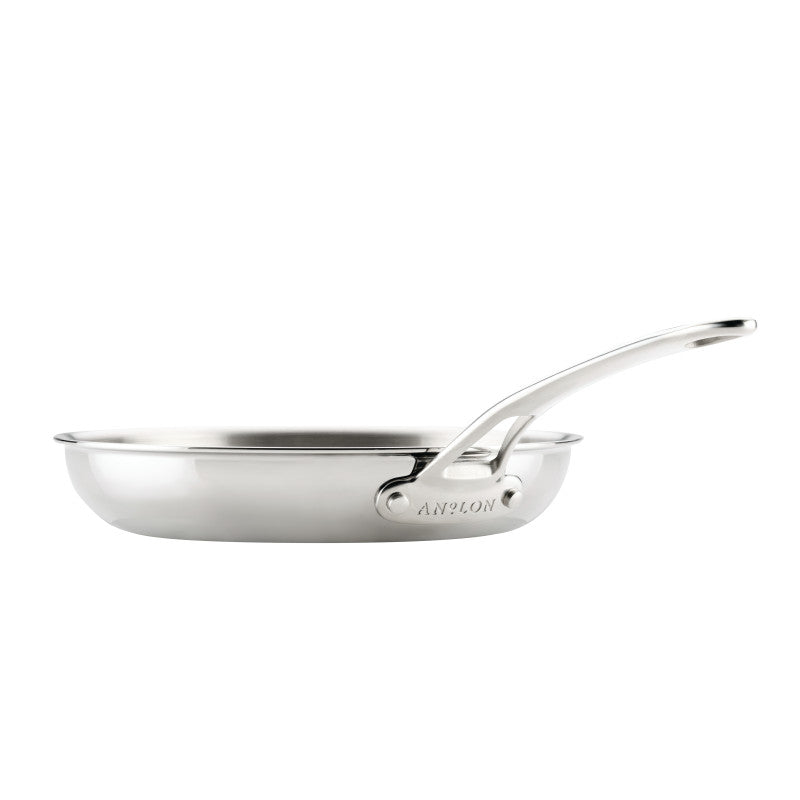 A side-profile view of an Anolon EverLast Tri-Ply Clad stainless steel frying pan with a long, curved handle, shown against a solid white background to highlight its polished finish and sleek design.