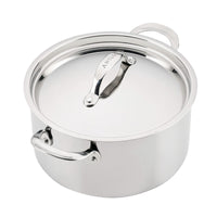 A side-angle, close-up shot of a polished Anolon EverLast Tri-Ply Clad stainless steel stockpot with a matching stainless steel lid and two side handles, displayed against a clean white background.