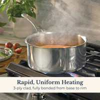 The EverLast Tri-Ply Clad Stainless Steel 3-Quart Saucepan with Lid simmers on the stove, steam curling up. Perfect for home chefs, it delivers fast, even heating from base to rim. Tomatoes and herbs sit ready beside the gleaming pan’s long handle.