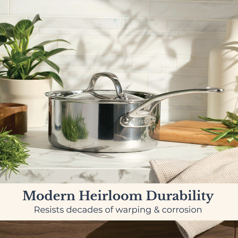 An EverLast Tri-Ply Clad Stainless Steel 3-Quart Saucepan with Lid sits on the counter, ready for the next home chef to create a masterpiece with this quality cookware.