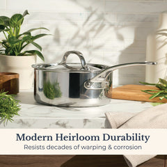 An EverLast Tri-Ply Clad Stainless Steel 3-Quart Saucepan with Lid sits on the counter, ready for the next home chef to create a masterpiece with this quality cookware.