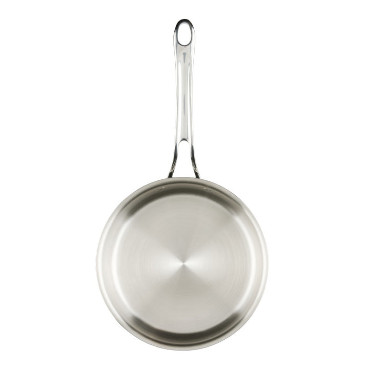 An EverLast Tri-Ply Clad Stainless Steel 3-Quart Saucepan with Lid is shown from above on a white background, featuring a shiny, smooth surface and circular brushed metal pattern—ideal for any home chef.