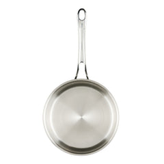 An EverLast Tri-Ply Clad Stainless Steel 3-Quart Saucepan with Lid is shown from above on a white background, featuring a shiny, smooth surface and circular brushed metal pattern—ideal for any home chef.