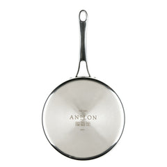 A 3-Quart EverLast Tri-Ply Clad Stainless Steel Saucepan with Lid, viewed from above, displays the brand name and symbols engraved on the bottom. This essential cookware features a long handle with a hole at the end—perfect for any kitchen.