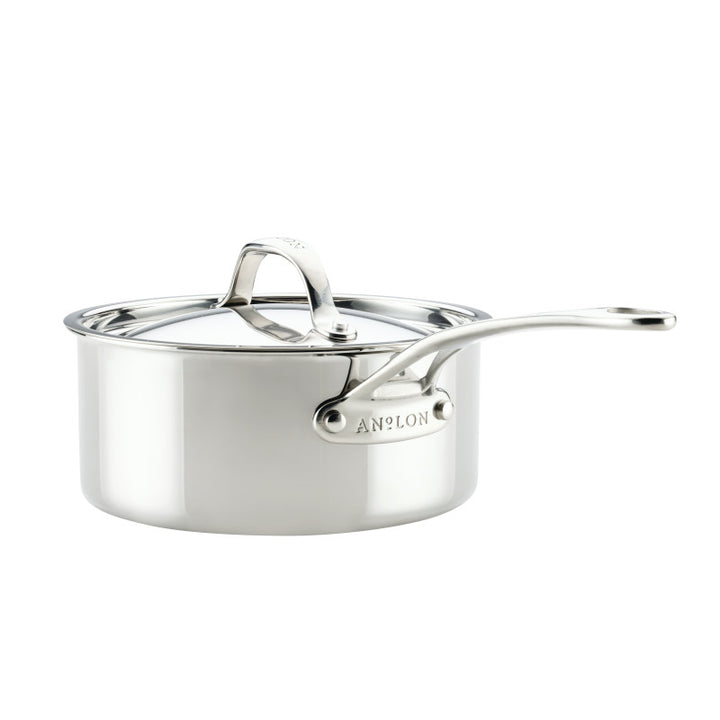 The EverLast Tri-Ply Clad Stainless Steel 3-Quart Saucepan with Lid features a sturdy metallic finish, long handle, and engraved branding near the handle—ideal cookware for any home chef.