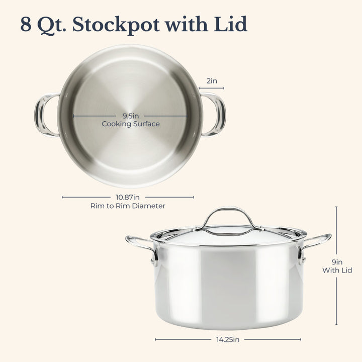 The EverLast Tri-Ply Clad Stainless Steel 8-Quart Stockpot with Lid is shown top and side; measurements: 9.5" cooking surface, 10.87" rim, 14.25" wide with handles, 9" high with lid.