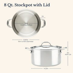 The EverLast Tri-Ply Clad Stainless Steel 8-Quart Stockpot with Lid is shown top and side; measurements: 9.5" cooking surface, 10.87" rim, 14.25" wide with handles, 9" high with lid.