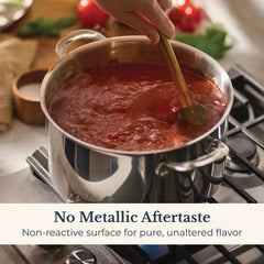 A hand stirs tomato sauce in an EverLast Tri-Ply Clad Stainless Steel 8-Quart Stockpot with Lid on the stove. Text: No metallic aftertaste—non-reactive surface preserves pure, unaltered flavor.