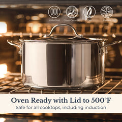 The EverLast Tri-Ply Clad Stainless Steel 8-Quart Stockpot with Lid sits on an oven rack. Icons show it's safe for induction, glass-ceramic, gas, and electric cooktops and is oven ready with lid up to 500°F.