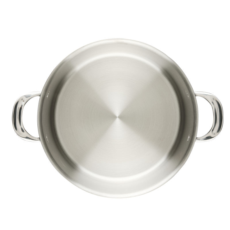 Top view of an empty EverLast Tri-Ply Clad Stainless Steel 8-Quart Stockpot with two handles, set against a white background.