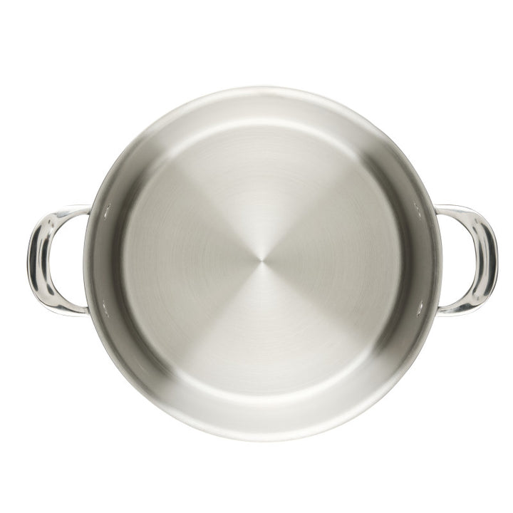 Top view of an empty EverLast Tri-Ply Clad Stainless Steel 8-Quart Stockpot with two handles, set against a white background.