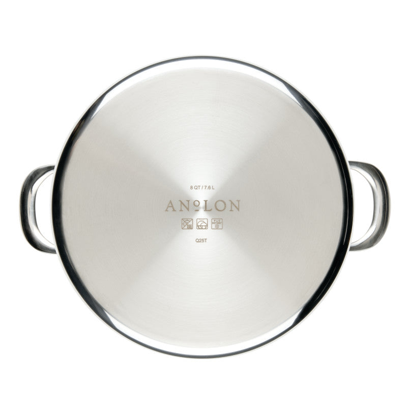 Top view of the EverLast Tri-Ply Clad Stainless Steel 8-Quart Stockpot with Lid, featuring two side handles and the brand’s name engraved at the center of its base.