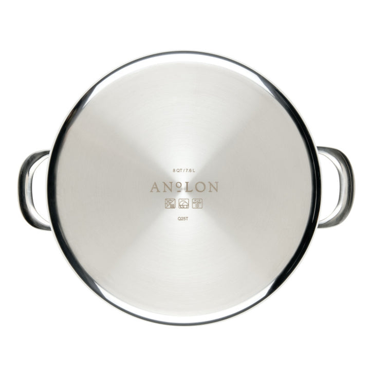 Top view of the EverLast Tri-Ply Clad Stainless Steel 8-Quart Stockpot with Lid, featuring two side handles and the brand’s name engraved at the center of its base.