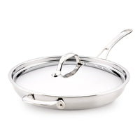 The EverLast Tri-Ply Clad Stainless Steel 12.5-Inch Frying Pan with Lid and Helper Handle, shown on a white background, is ideal cookware for any home chef.