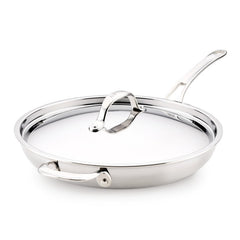 The EverLast Tri-Ply Clad Stainless Steel 12.5-Inch Frying Pan with Lid and Helper Handle, shown on a white background, is ideal cookware for any home chef.