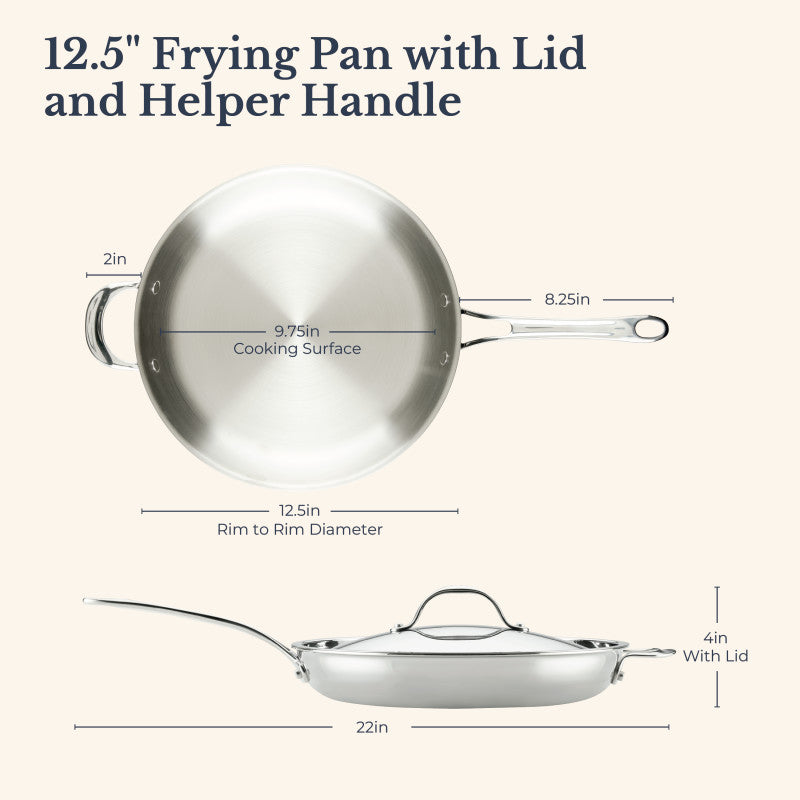 The EverLast Tri-Ply Clad Stainless Steel 12.5-Inch Frying Pan with Lid and Helper Handle features a 9.75-inch cooking surface, 8.25-inch main handle, total length of 22 inches, and stands 4 inches high with the lid—perfect for home chefs.