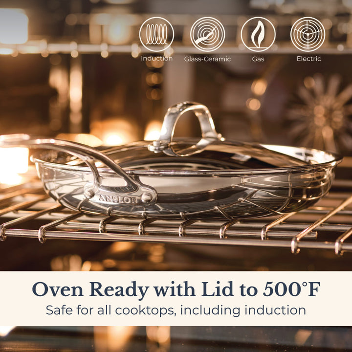 The EverLast Tri-Ply Clad Stainless Steel 12.5-Inch Frying Pan with Lid and Helper Handle is safe for all cooktops, including induction, and oven-ready up to 500°F—ideal cookware for every home chef.