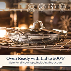 The EverLast Tri-Ply Clad Stainless Steel 12.5-Inch Frying Pan with Lid and Helper Handle is safe for all cooktops, including induction, and oven-ready up to 500°F—ideal cookware for every home chef.