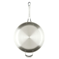 The EverLast Tri-Ply Clad Stainless Steel 12.5-Inch Frying Pan with Lid and Helper Handle features a shiny surface and long handle, making it ideal cookware for any home chef—shown from above on a white background.