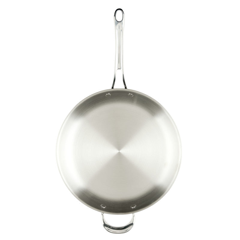 The EverLast Tri-Ply Clad Stainless Steel 12.5-Inch Frying Pan with Lid and Helper Handle features a shiny surface and long handle, making it ideal cookware for any home chef—shown from above on a white background.