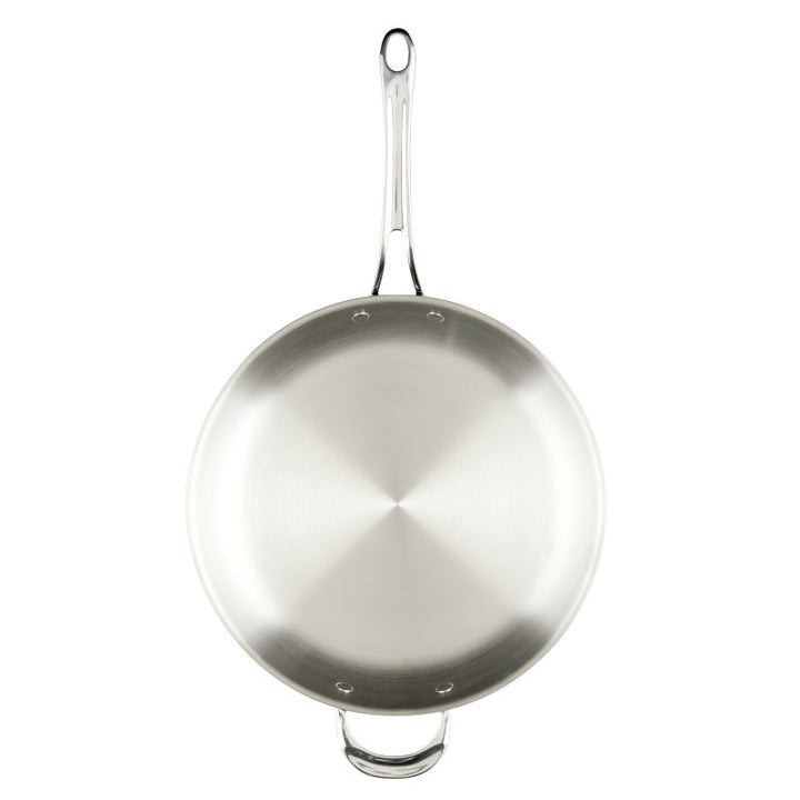 The EverLast Tri-Ply Clad Stainless Steel 12.5-Inch Frying Pan with Lid and Helper Handle features a shiny surface and long handle, making it ideal cookware for any home chef—shown from above on a white background.