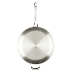 The EverLast Tri-Ply Clad Stainless Steel 12.5-Inch Frying Pan with Lid and Helper Handle features a shiny surface and long handle, making it ideal cookware for any home chef—shown from above on a white background.