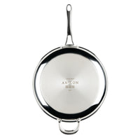 A 12.5-Inch EverLast Tri-Ply Clad Stainless Steel Frying Pan with lid, long handle, and helper handle is shown from above; the ideal cookware for home chefs with the brand name engraved on the bottom.