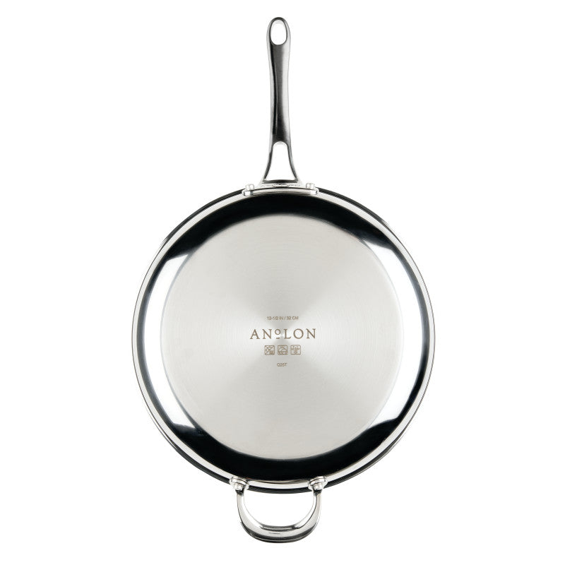 A 12.5-Inch EverLast Tri-Ply Clad Stainless Steel Frying Pan with lid, long handle, and helper handle is shown from above; the ideal cookware for home chefs with the brand name engraved on the bottom.